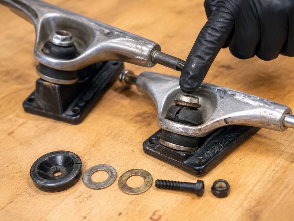 Close-up inspection of longboard truck bushings, pivot cup, and hardware after removal.
