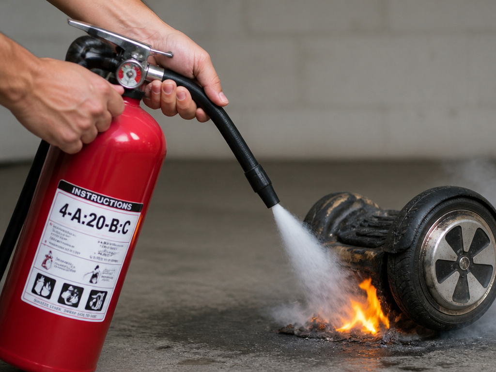 Using a 4-A:20-B:C fire extinguisher on a burning hoverboard to contain flames.