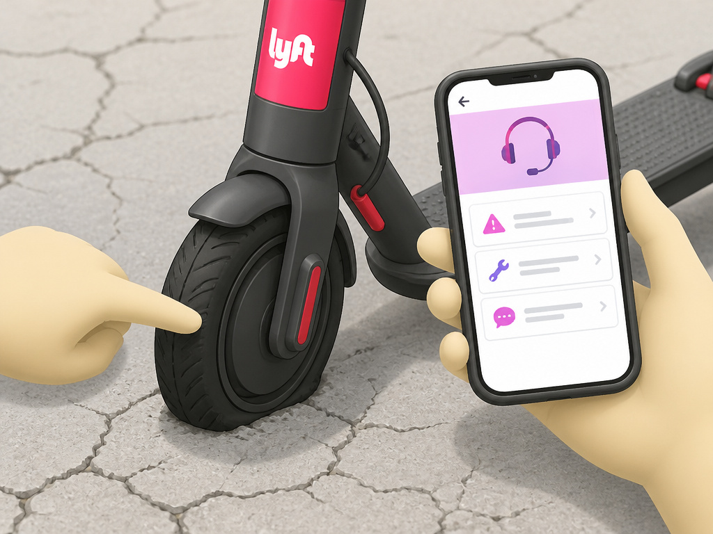 Lyft scooter with flat tire next to phone showing support app