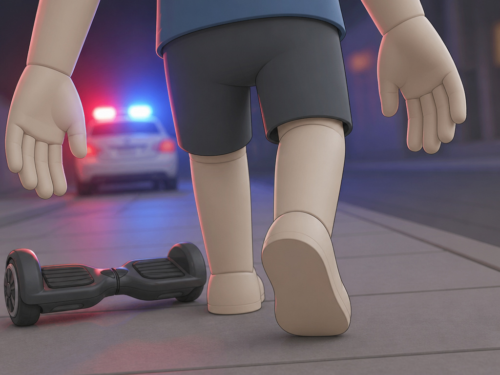 Person stepping off a hoverboard during a police stop, hands visible.
