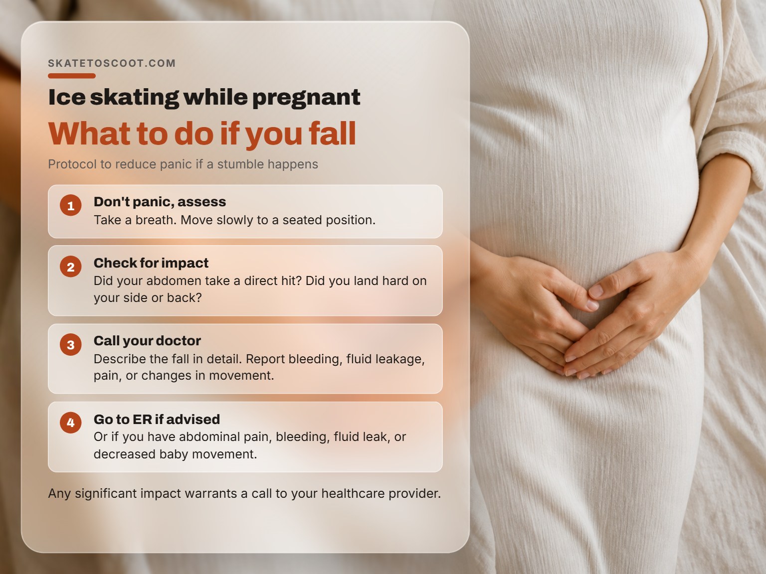 Pregnant woman's hands on abdomen, illustrating care after a fall.