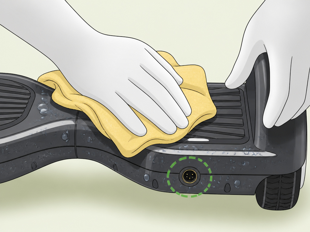 Drying a wet hoverboard with a towel after water exposure steps.
