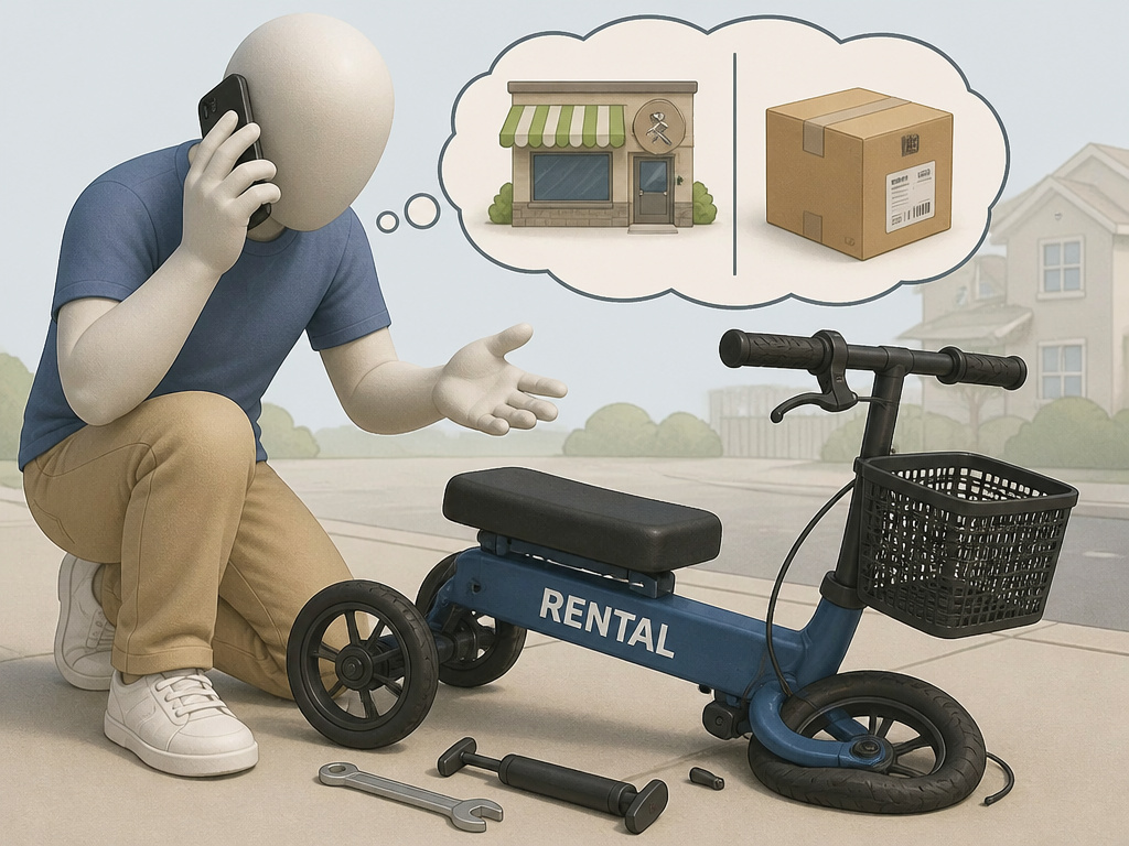 Person calling rental company for repair of a broken knee scooter on the street.