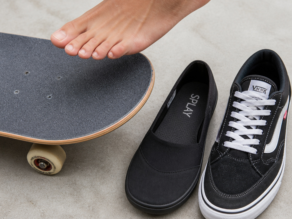 Skateboard shoe comparison: barefoot, minimalist shoe, and reinforced skate shoe.