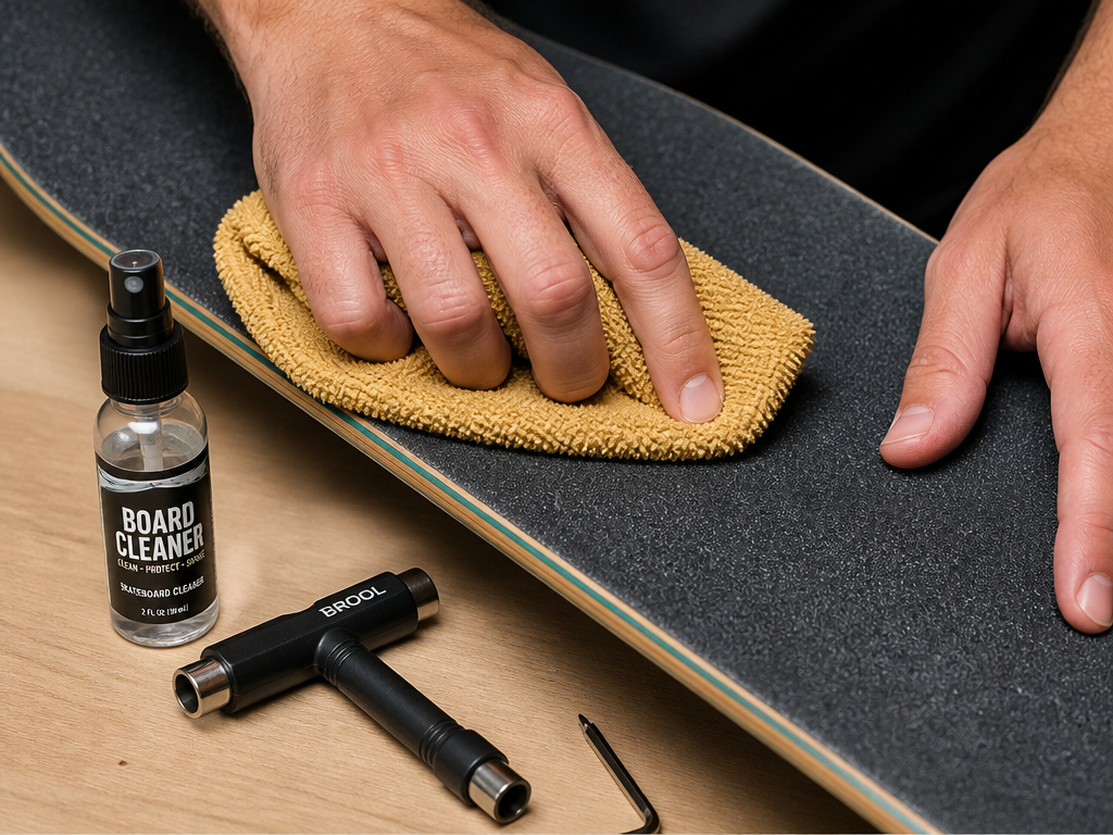 Essential tools for cleaning a longboard: microfiber cloth and skate tools.