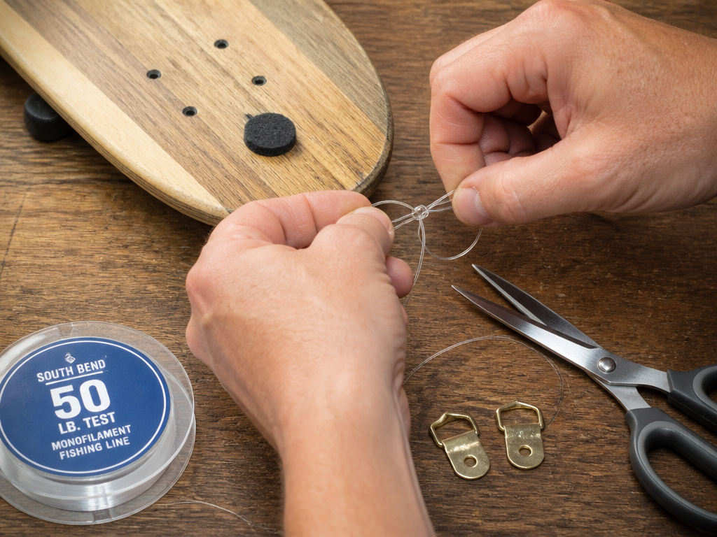 Materials for hanging a longboard: fishing line, hooks, scissors, and felt pads.