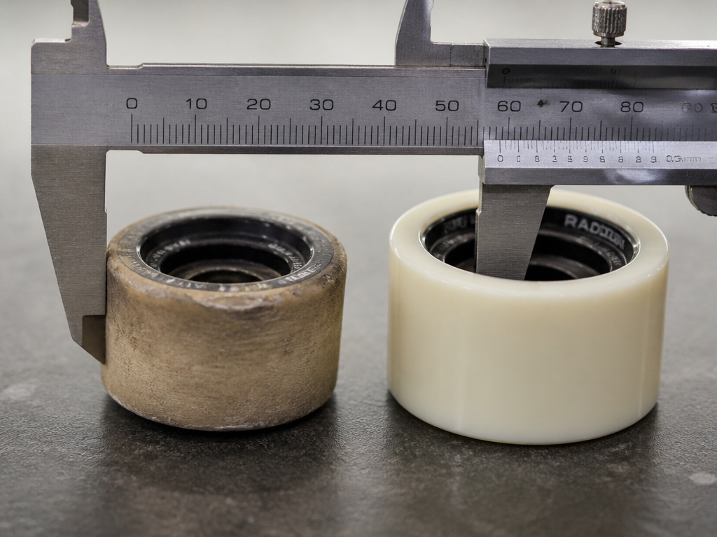 Caliper measuring worn longboard wheel diameter next to a new wheel.