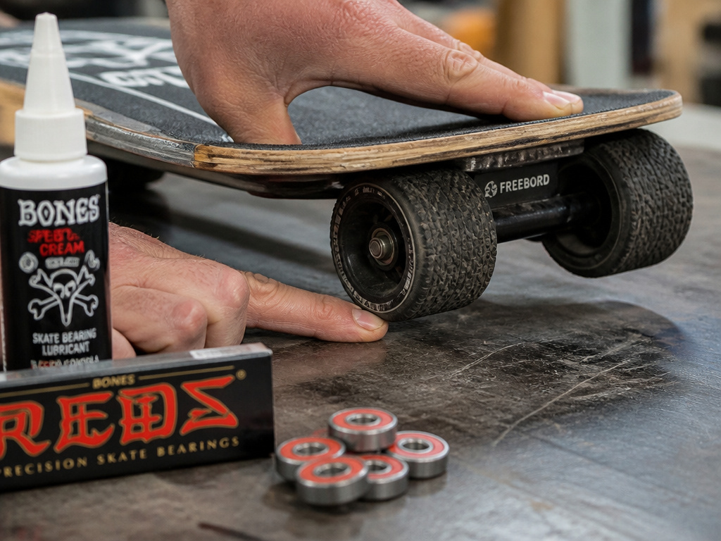 Close-up demonstrating the finger-width clearance rule for Freebord center wheel adjustment.