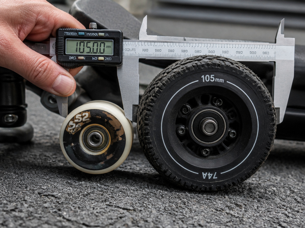 Close comparison of small hard skateboard wheel versus large soft electric skateboard wheel.