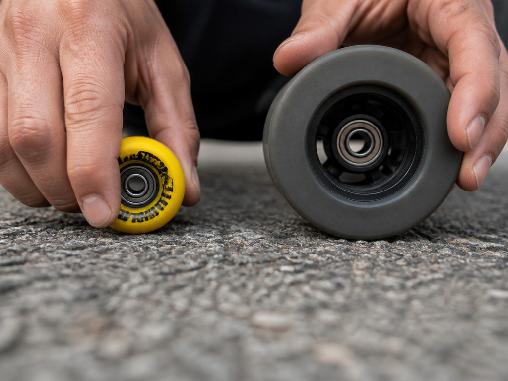 Close-up comparison of hard skateboard wheel and soft longboard wheel on asphalt.