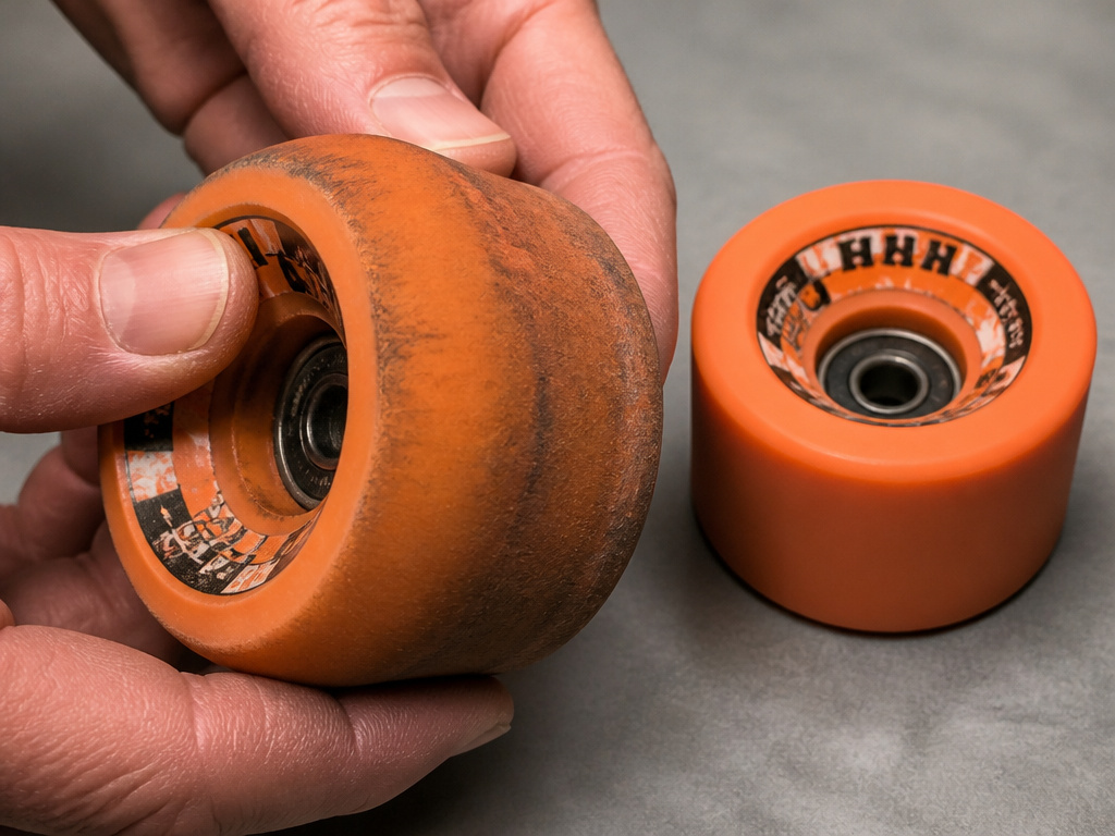 Close-up comparing a worn longboard wheel to a new one, showing wear signs.