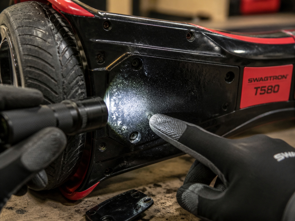 Inspecting Swagtron T580 hoverboard footpad for water damage during troubleshooting