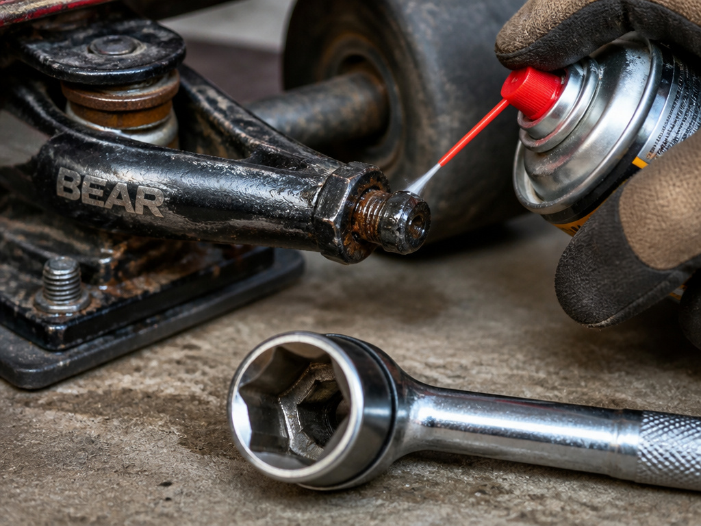 Applying rust penetrant to a seized longboard truck nut before removal.