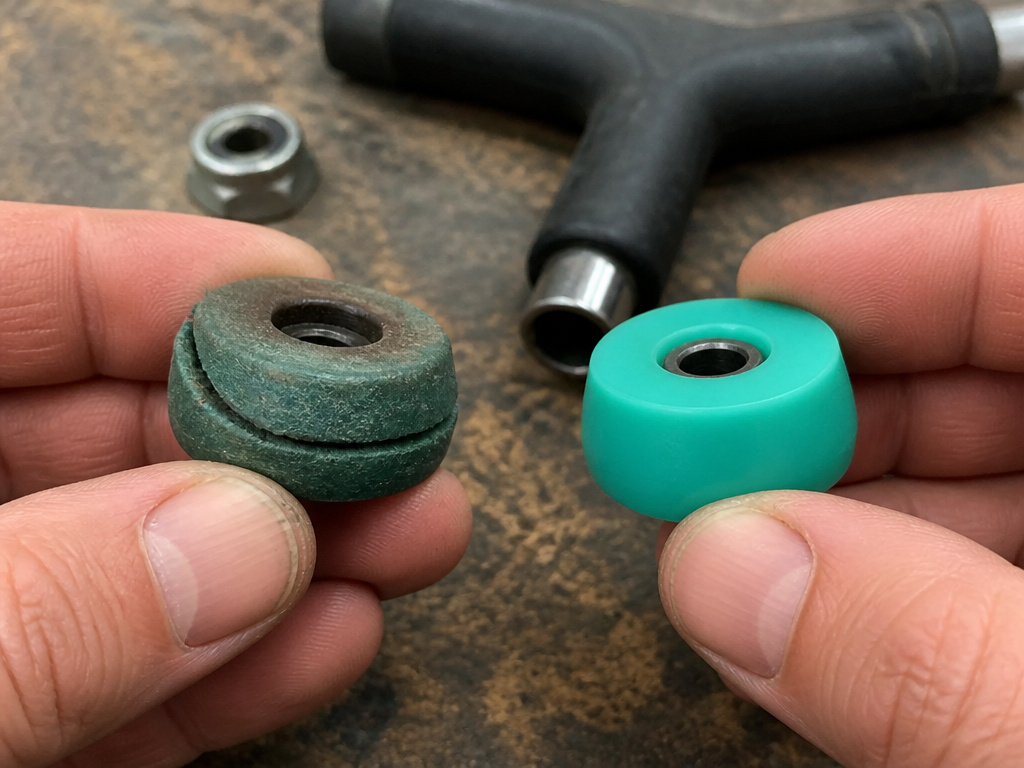 Comparison of a worn cracked longboard bushing versus a new replacement bushing.