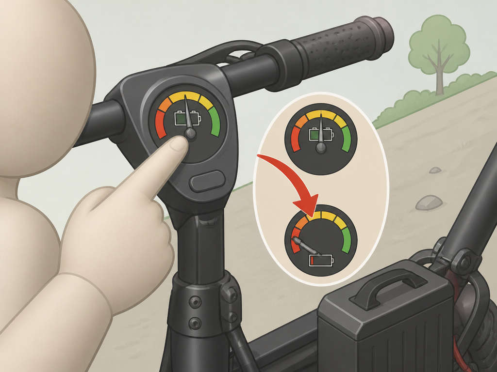 Cartoon of a misleading scooter battery gauge showing rapid depletion on a hill