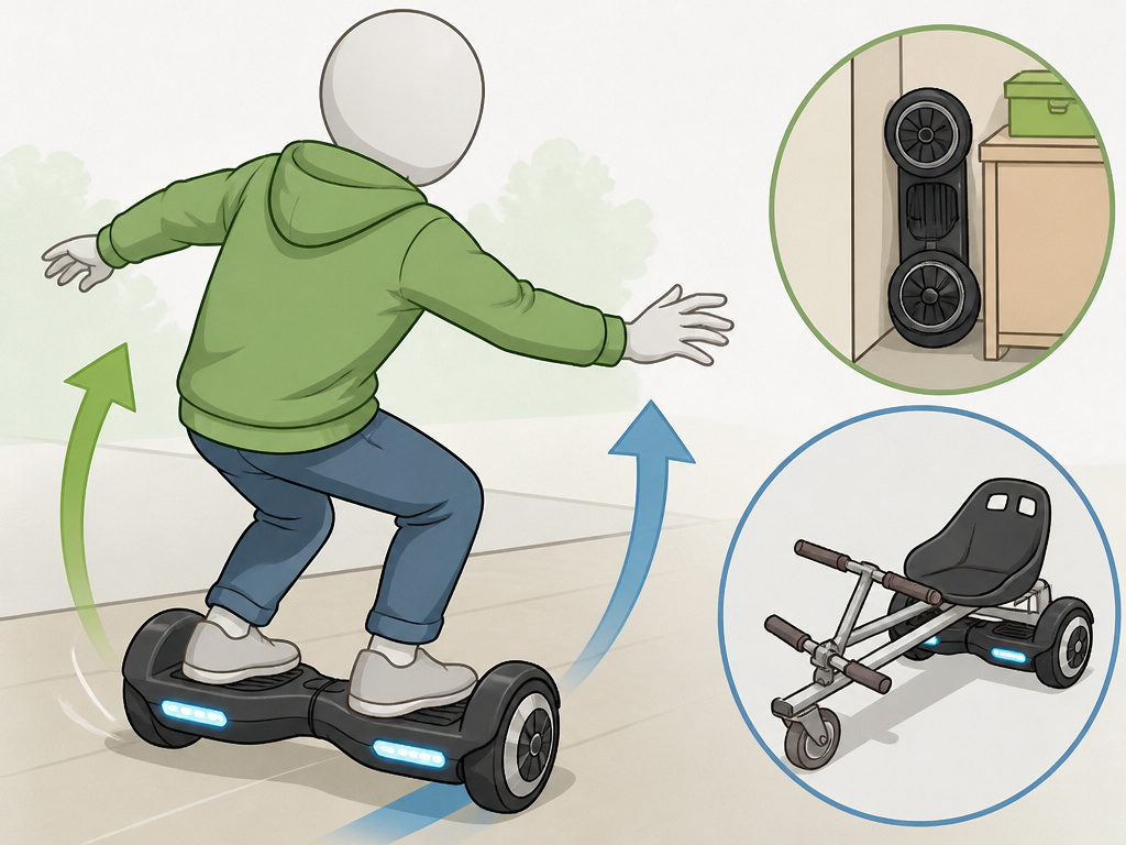 Teen rider balancing on a hoverboard with skill expression icons