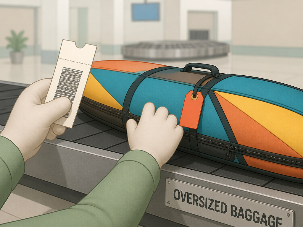 Passenger retrieving a longboard from the oversized baggage claim area at an airport.