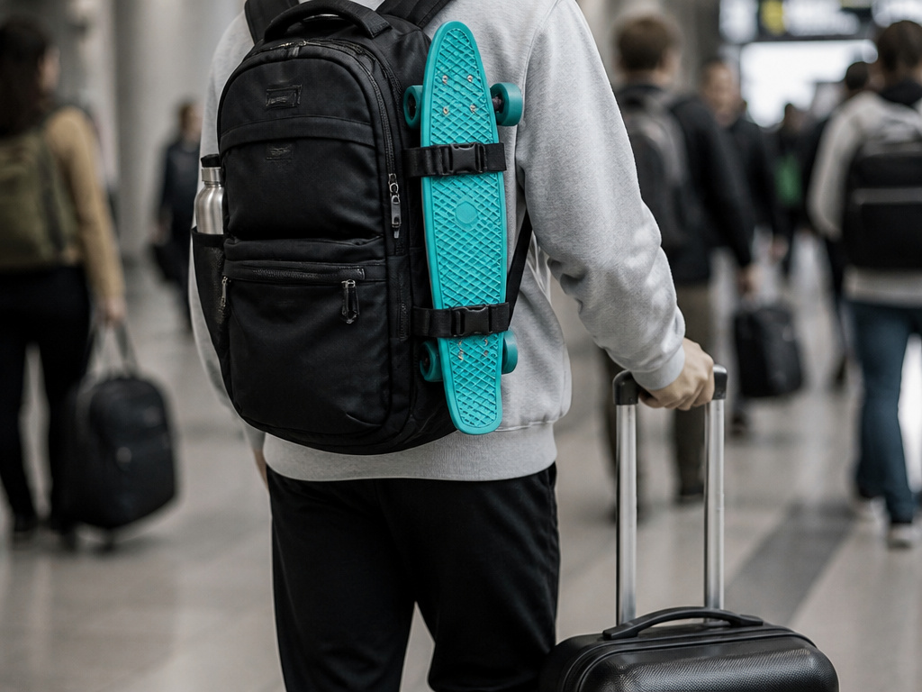 Penny Board clipped to a backpack for easy transport in an airport.