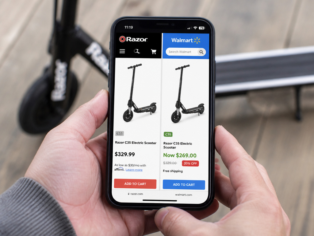 Comparing Razor scooter MSRP versus discounted retailer price on phone