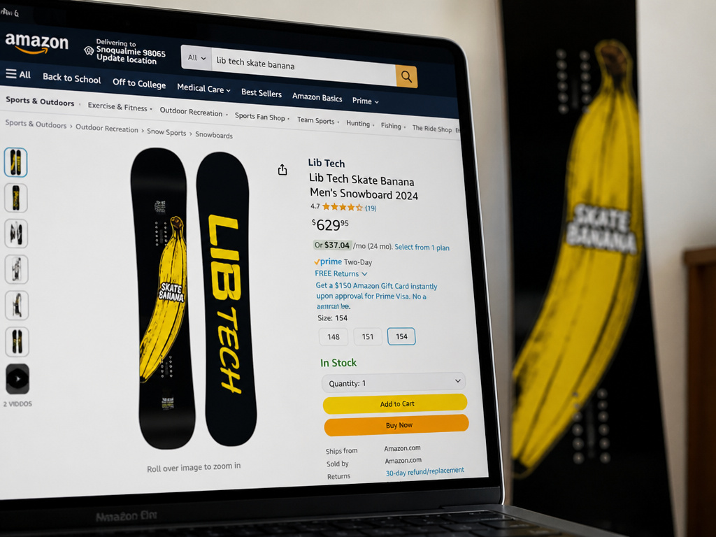 Online shopping for a Lib Tech Skate Banana snowboard on a retail website.