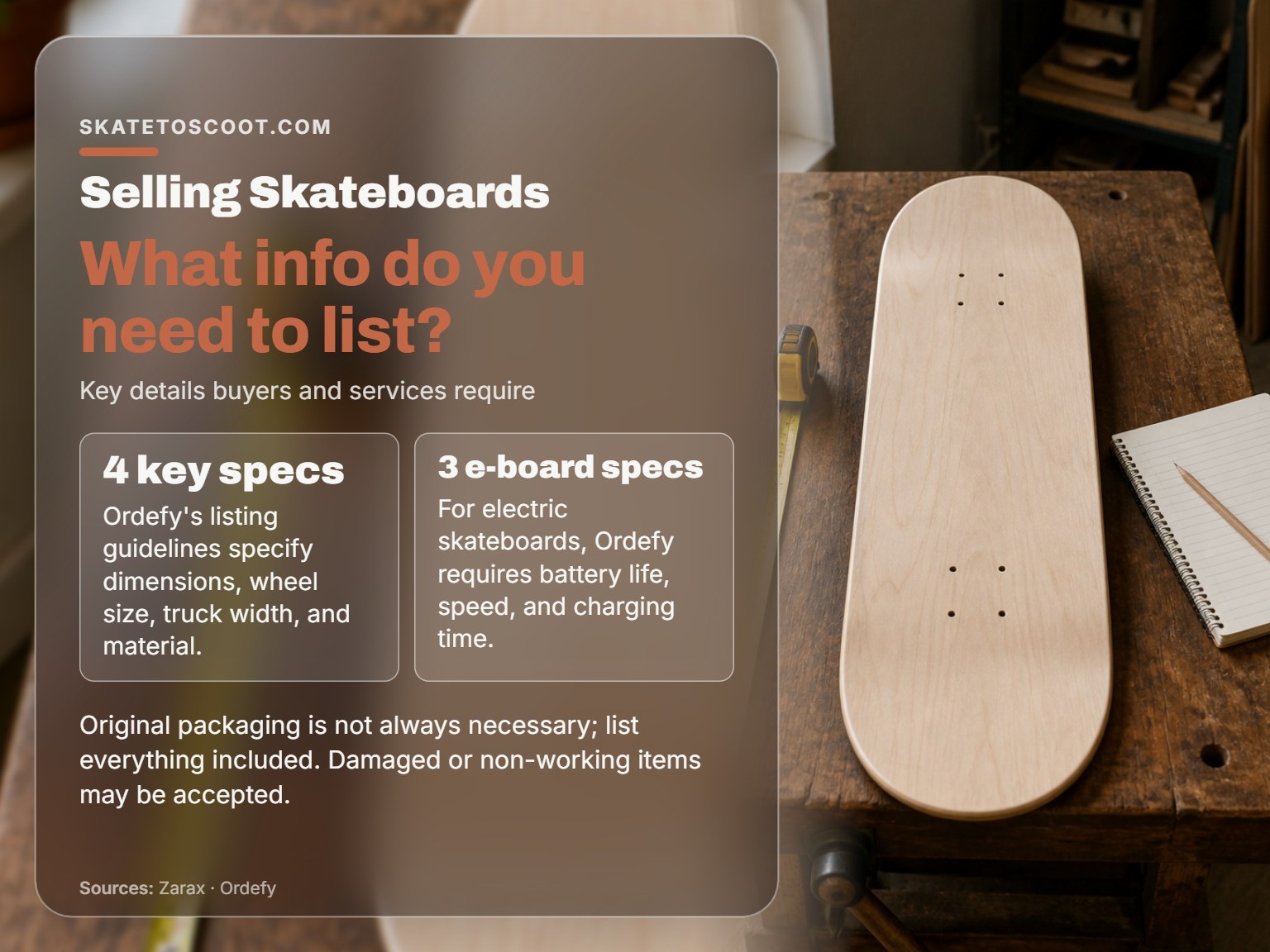 A skateboard deck with measuring tools on a wooden surface.