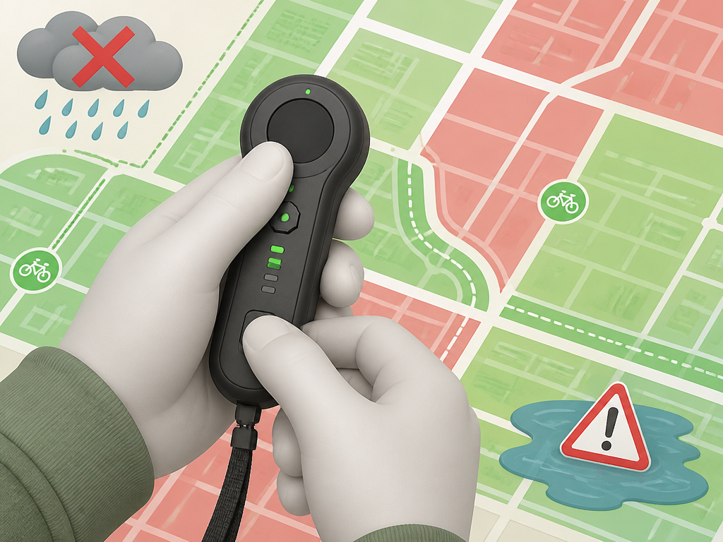 Cartoon map showing legal zones and hazards for electric skateboard riding.
