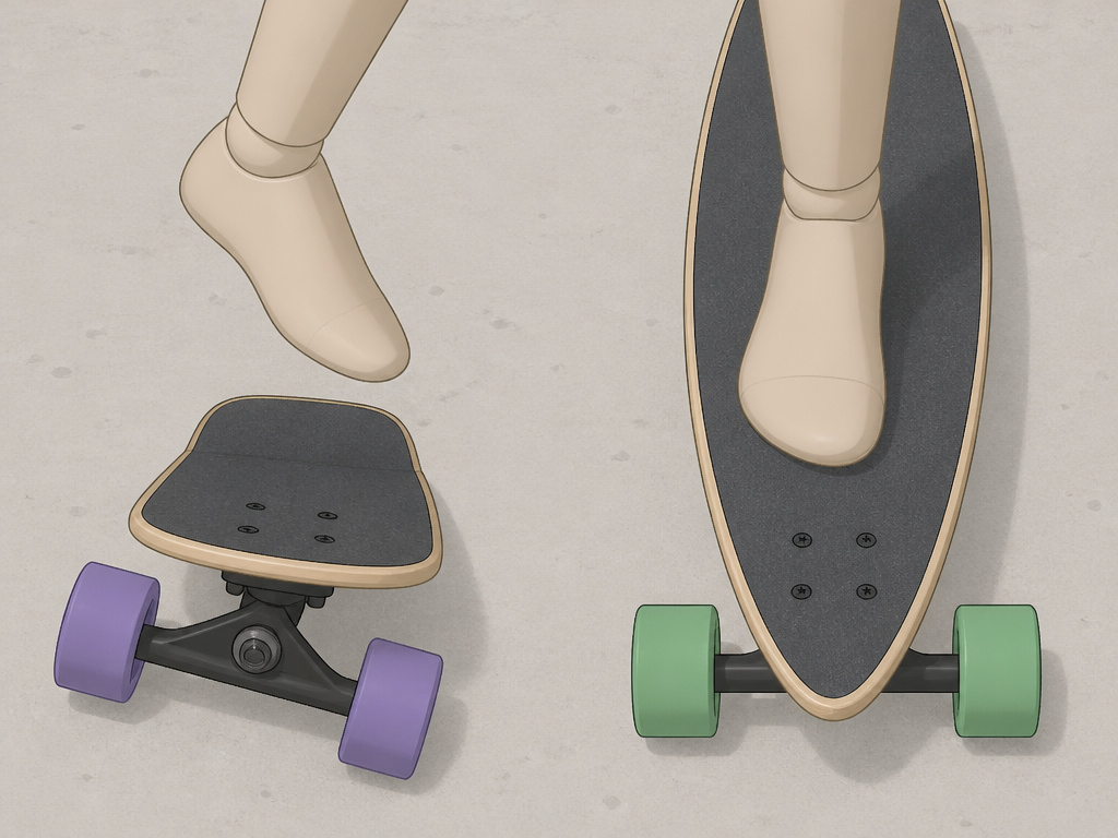 Beginner's feet comparing stable pintail vs twitchy kicktail longboard shapes.