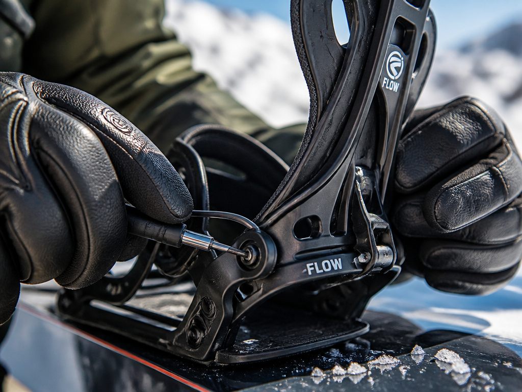 Close-up inspection of Flow snowboard binding components for maintenance and safety
