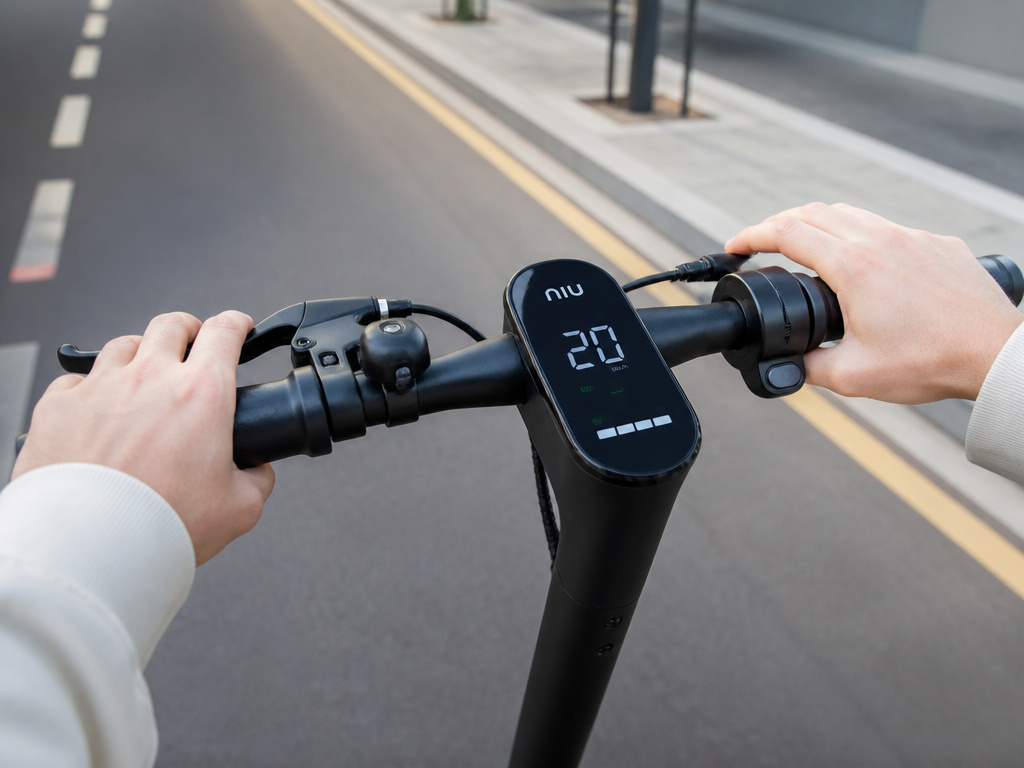 Urban commuter riding a NIU electric scooter on a city bike path