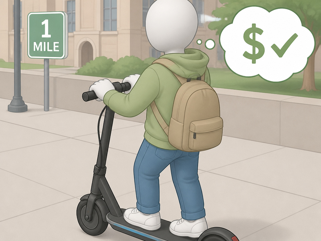 Cartoon of a rider on a Razor electric scooter for a short, flat urban commute.