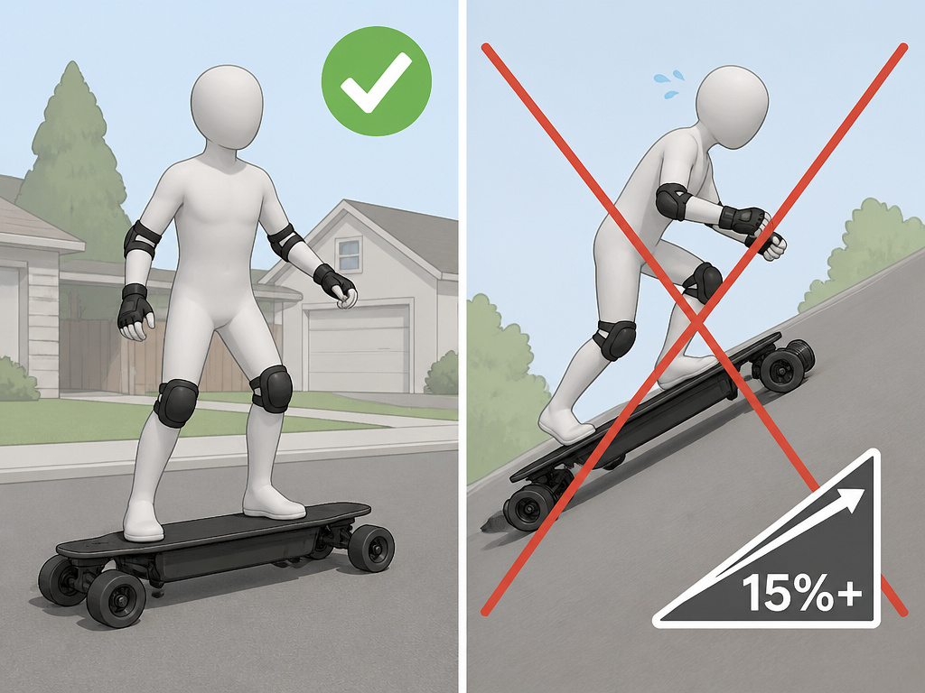 Cartoon comparing ideal and challenging conditions for a Magneto electric skateboard.