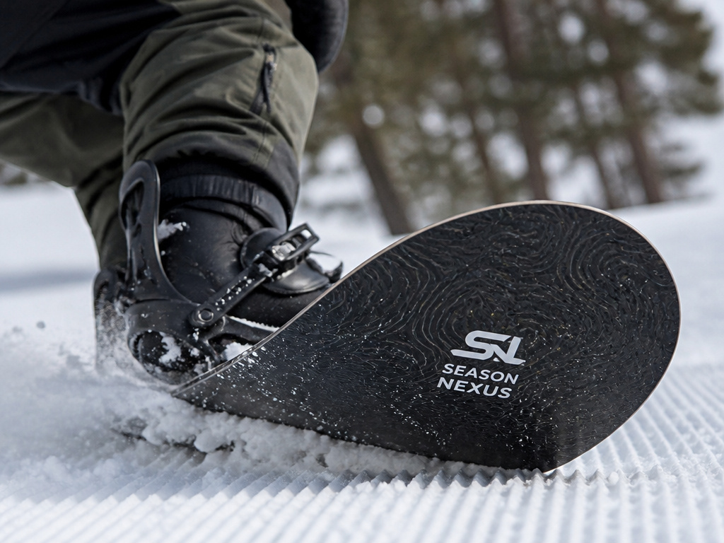 Season Nexus snowboard carving on a groomed run with trees in the background.
