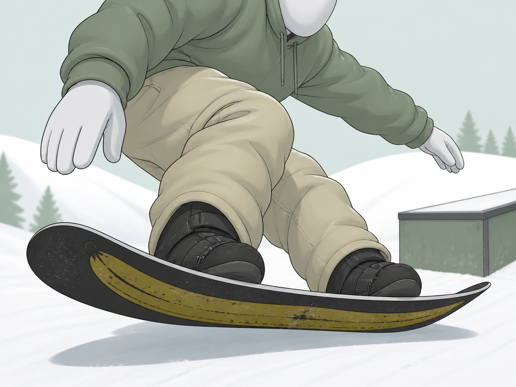 Cartoon of a snowboarder buttering on a Lib Tech Skate Banana in a terrain park.
