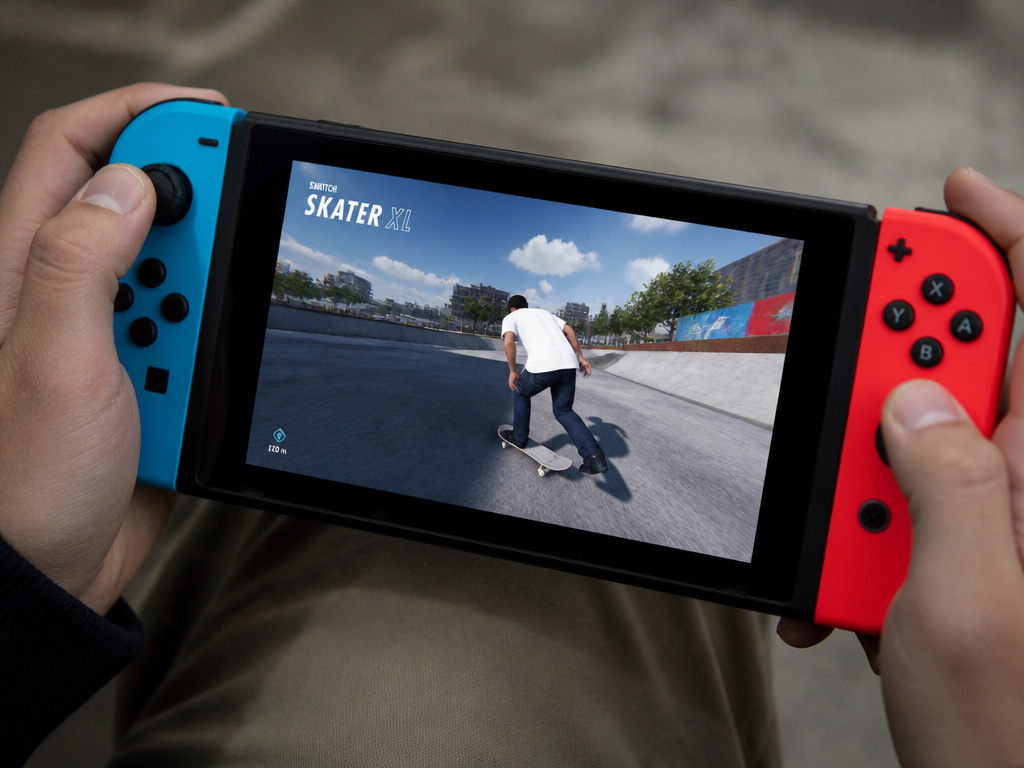 Skater XL gameplay on Nintendo Switch screen held in player's hands