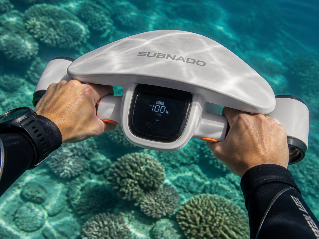 Snorkeler using Subnado underwater scooter over coral reef