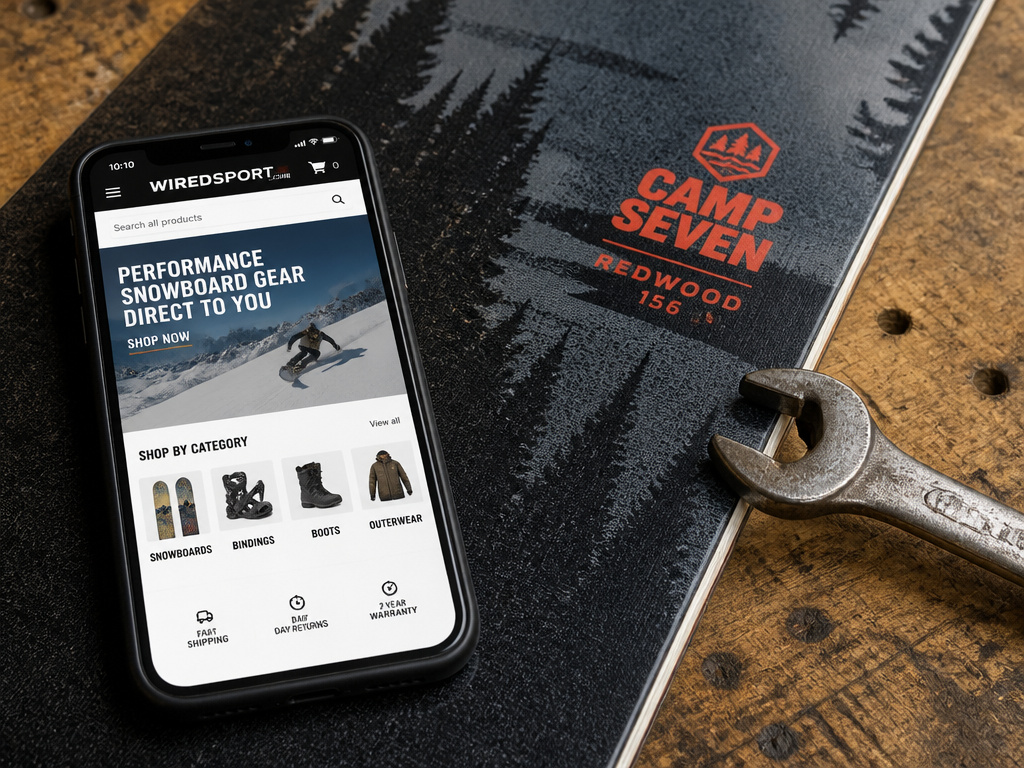 Camp Seven Redwood snowboard on bench with Wiredsport.com on phone