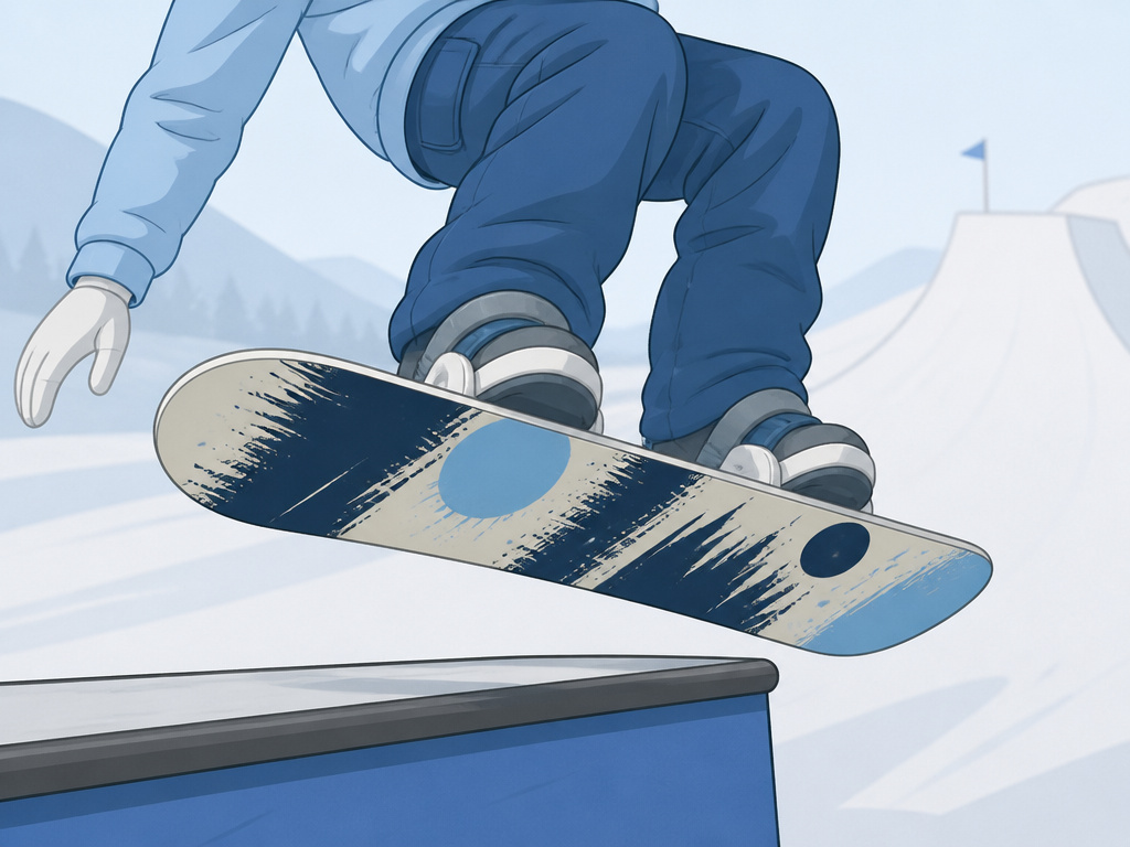 Cartoon illustration of a Forum snowboard performing an ollie in a terrain park.