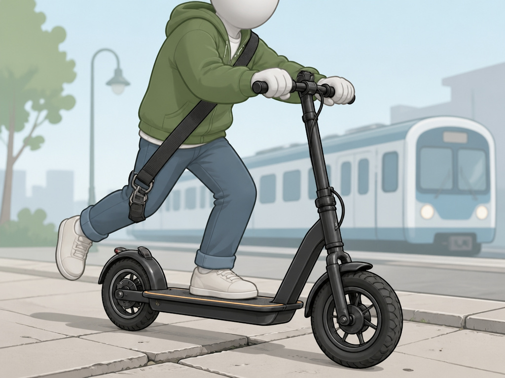 KickPed scooter rider on cracked sidewalk, highlighting comfort and portability