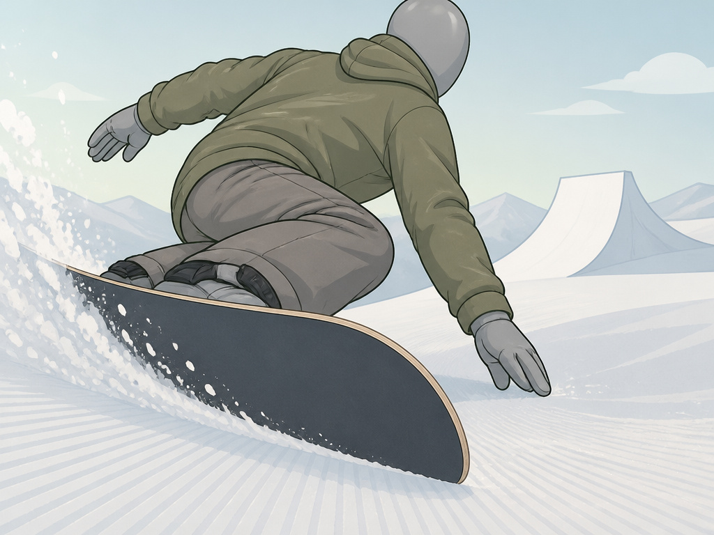 Burton Custom snowboard carving on groomed trail for intermediate to expert riders
