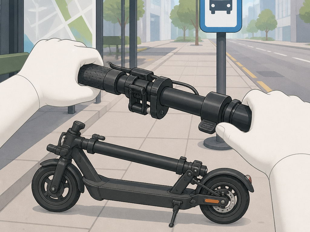 Jasion JS2 folded electric scooter at a bus stop for commuters