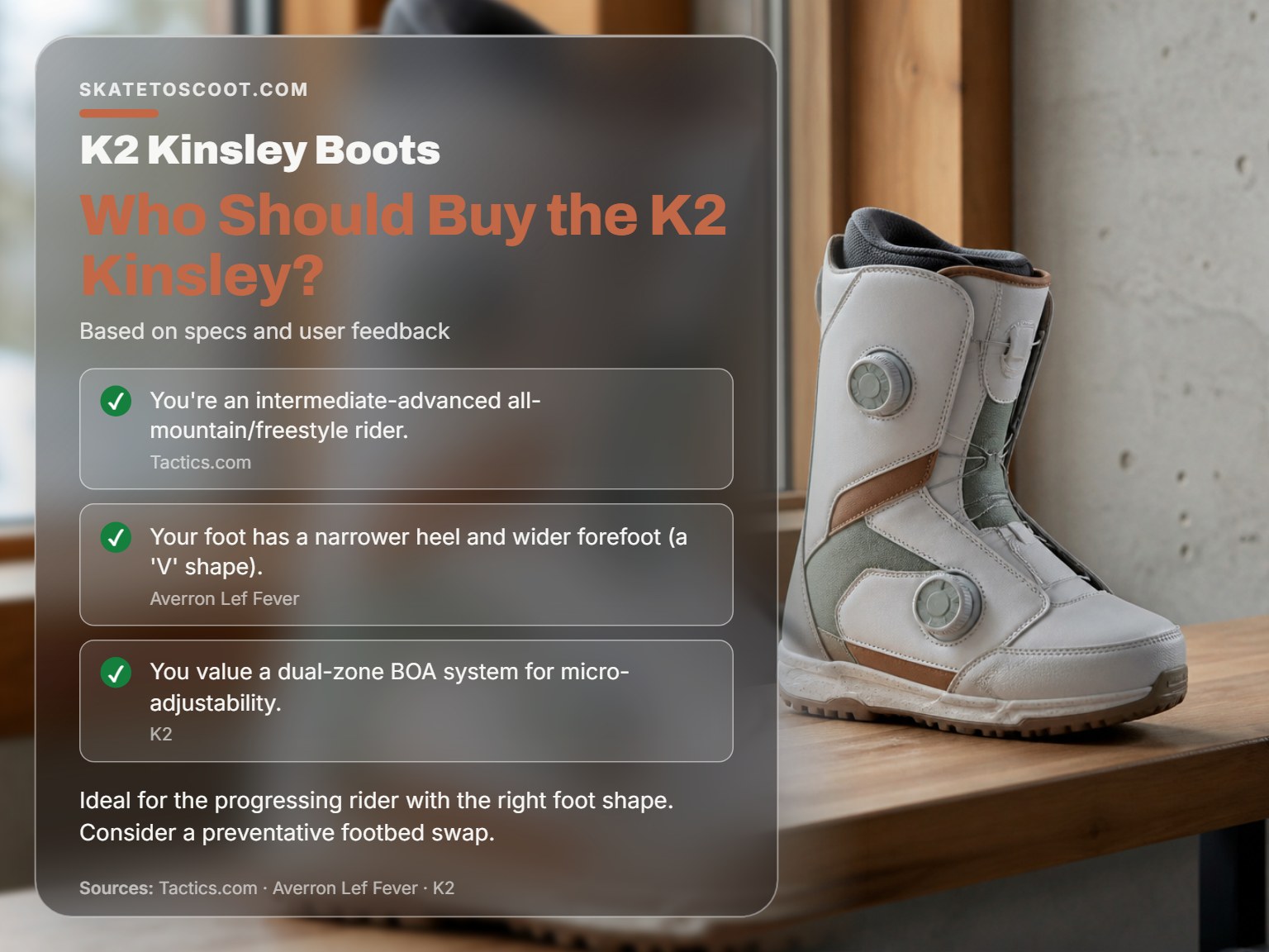 K2 Kinsley women's snowboard boot with dual BOA closures on a bench.