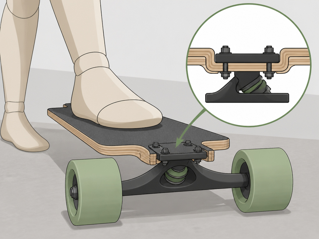 Beginner stepping onto a lowered drop-through longboard deck for stability.