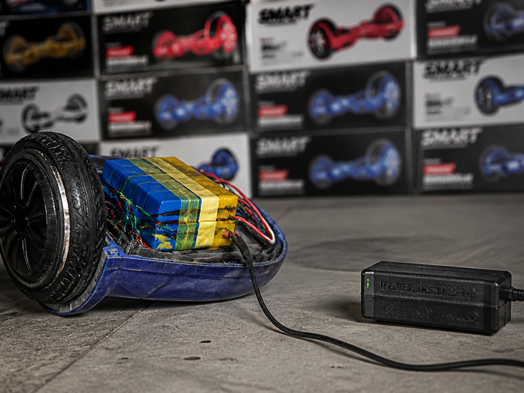 Close-up of cheap hoverboard battery and charger causing price crash