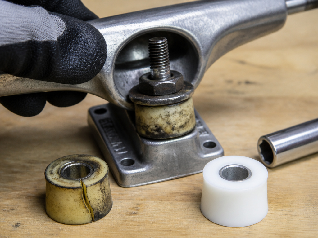 Close-up of cracked and deformed longboard bushings next to new replacements.
