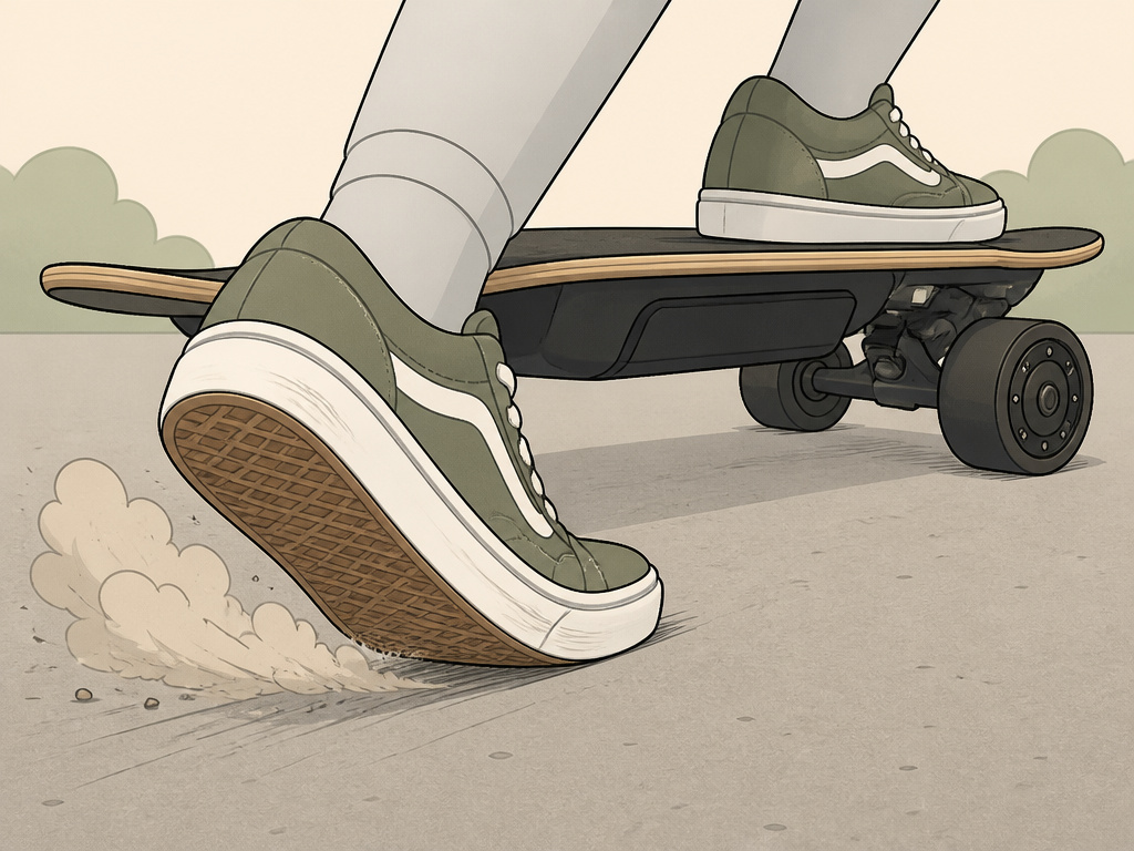 Close-up of footbraking technique on an electric longboard deck