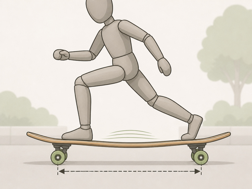 Diagram showing wheelbase and deck flex on a dancing pintail longboard.