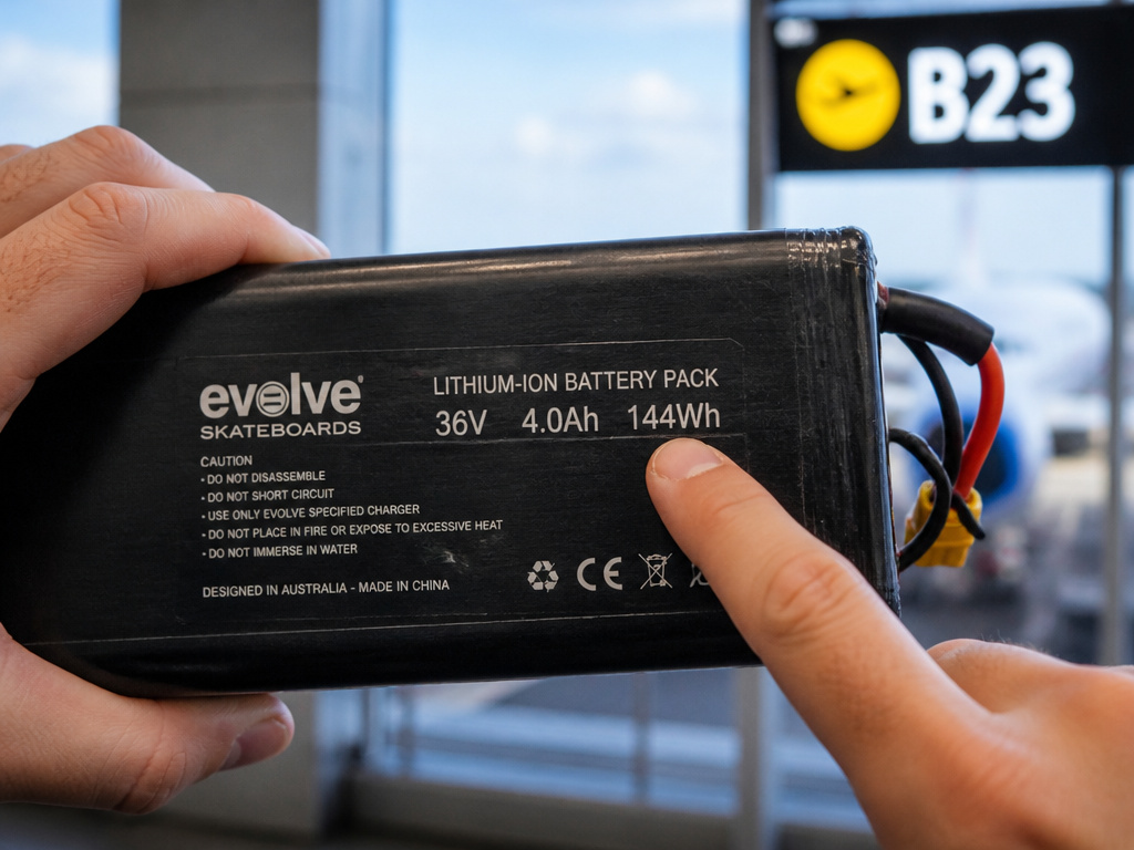 Close-up of hands checking e-skate battery Wh rating in an airport terminal.